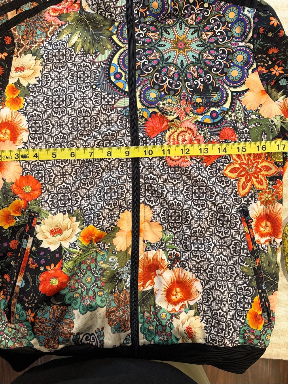 adidas/Farm “Jardim Aghartha” Floral Bomber Track Jacket in Black, Cream & Teal - Picture 6 of 6